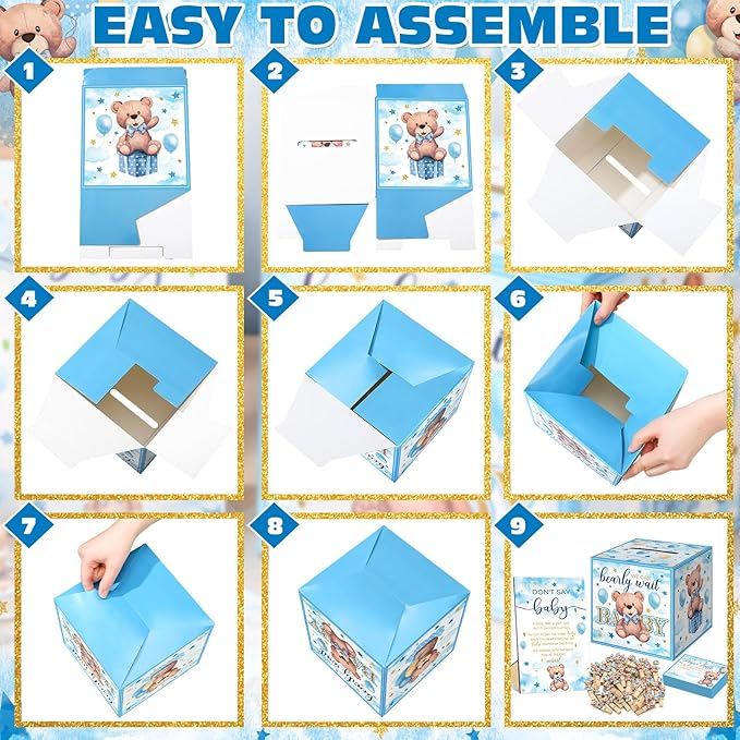 102 Pcs Bear Pins for Baby Shower Game Theme Supplies Diaper Raffle Tickets with Diaper Raffle Card Box Don't Say Baby Sign Mini Clothespin Shower Game Decor for Gender Reveal(Blue Bear)