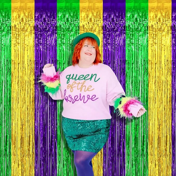 4 Pack 3.2Ft x 9.8Ft Mardi Gras Foil Fringe Curtain Backdrop, Gold Green Purple Metallic Tinsel Foil Fringe Streamers Curtains Background for Photo Booth, Birthday, Wedding, Carnival Party Decoration