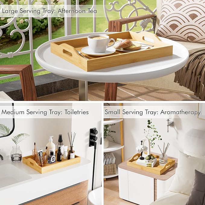 3 Pack Serving Tray with Handles, 3 Sizes Nestable Rectangular Tray Easy Carrying Serving Trays, Durable Bamboo Trays for Serving Food, Party, Kitchen, Organizing, Decorating