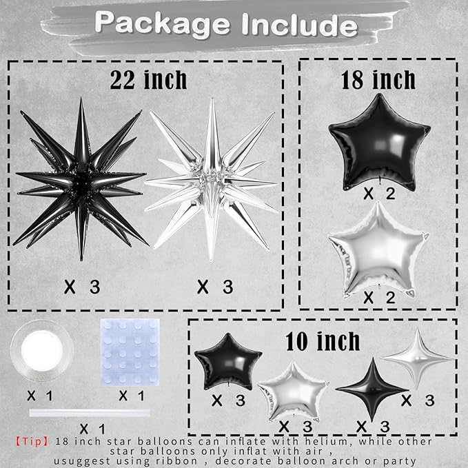 22 Pcs Star Balloons,22/18/10 Inch Star Foil Mylar Balloon,Spike Balloon and Four Pointed Balloons for Party Supplies Christmas Birthday Wedding Photo Booth (Black Silver)