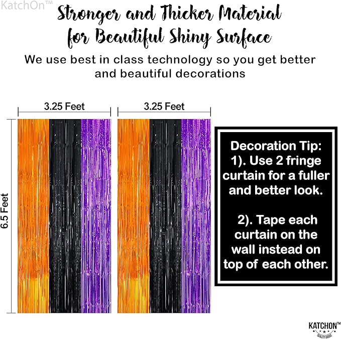 KatchOn, Orange Black and Purple Foil Fringe Curtain - XtraLarge 3.2x6.5 Feet, Pack of 2 | Streamers for Birthday, Bachelorette, Engagement | Fringe Backdrop for Halloween Party Decorations