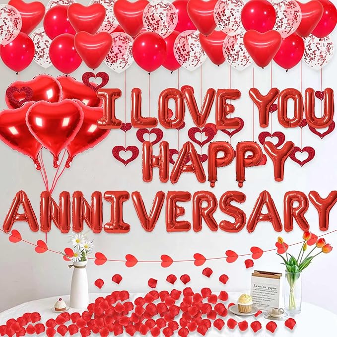 Red Happy Anniversary Decorations I LOVE YOU Letter Balloons - 1200pcs Red Artificial Rose Petals 16" Letter Balloons 18" Heart Foil Balloons Latex balloons heart balloons Hanging Swirls Heart Banner