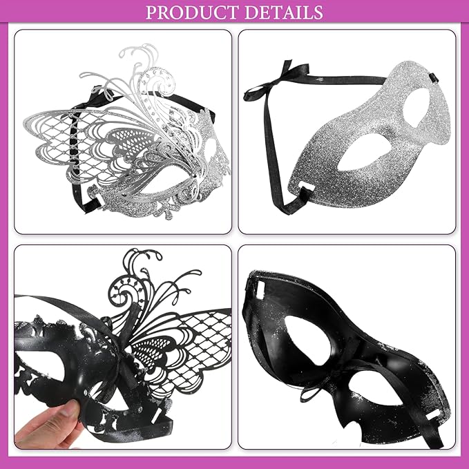 Sratte Couple Masquerade Mask with Feather Flower Unisex Half Face Venetian Mask for Mardi Gras Party
