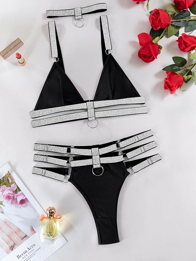 Lilosy Sexy Wireless Choker O Ring Linked Strappy Harness Lingerie Set Outfits 3 Piece