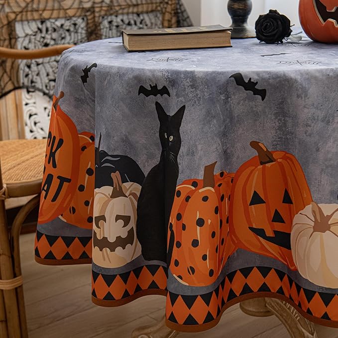 Halloween Waterproof Tablecloth – Spooky Pumpkin, Black Cat, Bat & Spider Web Design – Gray Holiday Table Cover for Party, Dining, and Home Decor, 60" Round