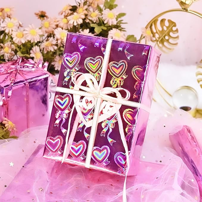 Yarcony Pink Heart Wrapping Paper, Mini Roll, Holographic Hearts Gift Wrap, Love Iridescent Hearts Wrapping Paper for Valentine's Day, Girl Birthday Party, Anniversary,Wedding (17 Inch X 33 Feet)