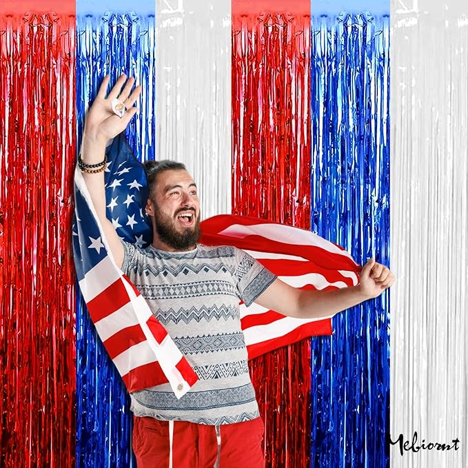 4 Pack 3.2Ft x 9.8Ft Independence Day Fringe Curtain Backdrop, Red Blue White Metallic Tinsel Foil Fringe Streamers Curtains Background for Photo Booth Birthday Wedding Carnival Party Decorations