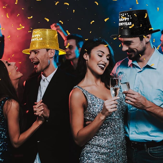 Hillban 50 Pack Glitter Top Hats Bulk Happy New Year Shiny Magician Top Hat for Adults Costume Party