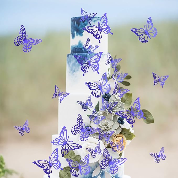 40 PCS Laser 3D Butterfly Cupcake Toppers - Hollow Arts Cake Decorations for Baby Shower, Wedding, Fairy Birthday Party Supplies - Wall Sticker Decoration Mixed Styles Dark Blue