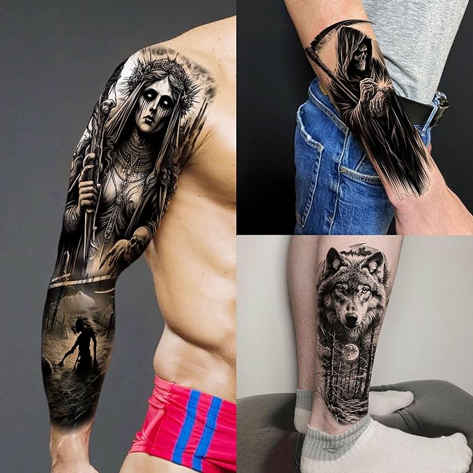 20 Sheets Black Gothic Full Arm Temporary Tattoos For Men Adults Thigh, Nun Girl Skull Skeleton Zeus God Jesus Christ Fake Sleeve Tattoos For Women, Scary Halloween Tattoo Stickers Demon Vampire