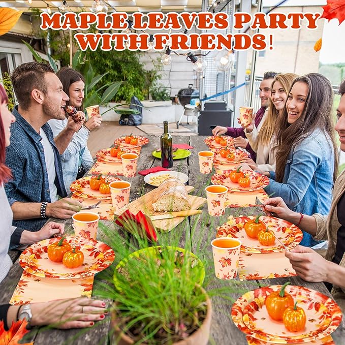 250 Pcs Fall Thanksgiving Party Decoration Colored Maple Fall Leaf Paper Plates Napkins and Cups Harvest Decorations Tableware Set for Autumn Leaves Theme Birthday Party Supplies, Serves 50