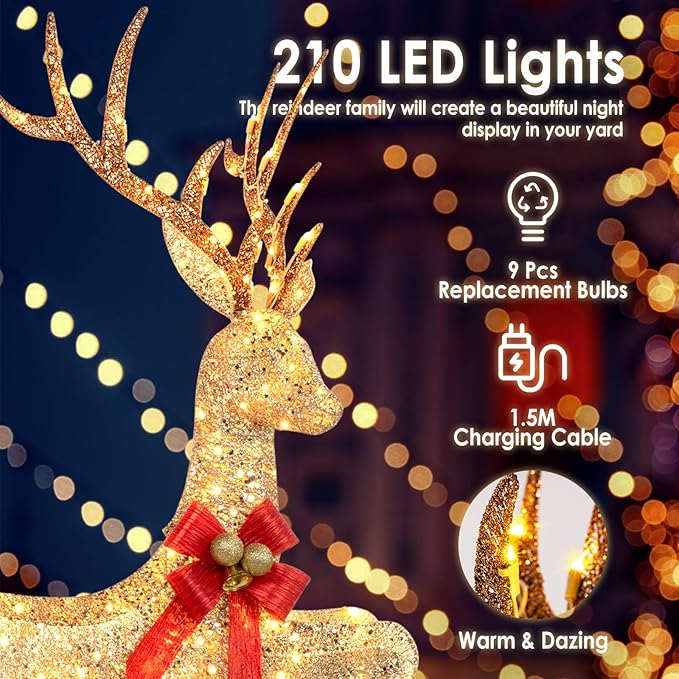 NALONE Large 3 Pieces Lighted Reindeer Family Set, 3D Christmas Deer Decoration with 210 Warm White LED Lights, 4.7 FT Pre-lit Xmas Decor Outdoor Yard with Stakes, Bow Ties, Mat