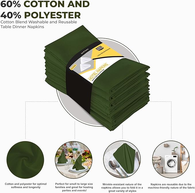 Utopia Kitchen Olive Cloth Napkins [12 Pack, 18x18 Inch] Absorbent Cotton Blend Washable and Reusable for Dinner, Restaurant, Lunch, Wedding and Hotel