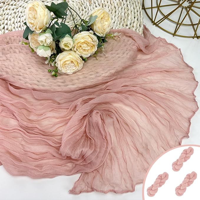 Booque Valley 3 Pack Dusty Pink Cheesecloth Table Runner 10ft Super Soft Boho Wrinkled Gauze Sheer Cloth for Baby Shower Baptism Birthday Party Wedding Centerpiece Table Decoration, 35x120 Inch