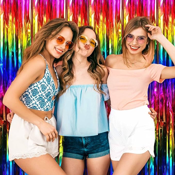 3 Pack Rainbow Foil Fringe Curtains Backdrop, 3.28 x 6.6 Ft Metallic Streamers Tinsel Curtains Background for Photo Booth, Birthday, Halloween, Christmas, Thanksgiving, New Year Party Decorations