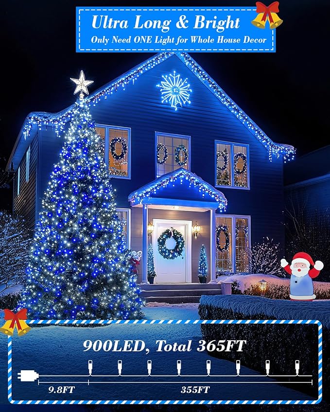 LED Christmas Lights, Extra Long Outdoor String Lights Waterproof, Timer & Memory, 8 Modes Dimmable Plug in Fairy for Outside Tree Wedding Patry (Blue and White, Total 710FT 1800 LED)