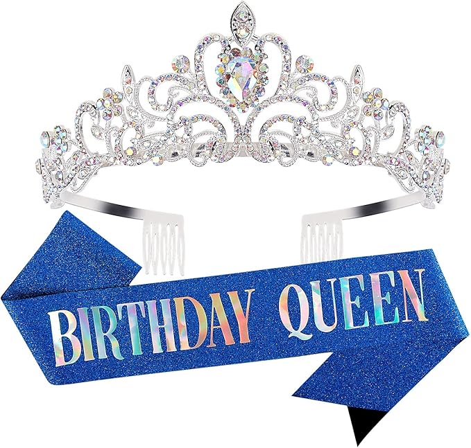 Velscrun Happy Birthday Queen AB Silver Tiara Crowns for Women, Blue Sash, Party Favors & Decorations
