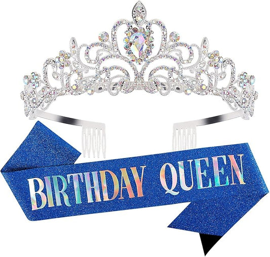 Velscrun Happy Birthday Queen AB Silver Tiara Crowns for Women, Blue Sash, Party Favors & Decorations