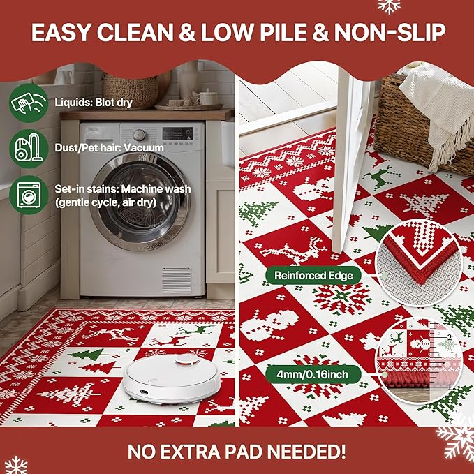Christmas Area Rug 3x5 for Living Room, Washable Rug for Bedroom, Christmas Home Decor, Holiday Print Carpet, Low Pile Non Slip Mat with Rubber Backing, Red White Checkerboard