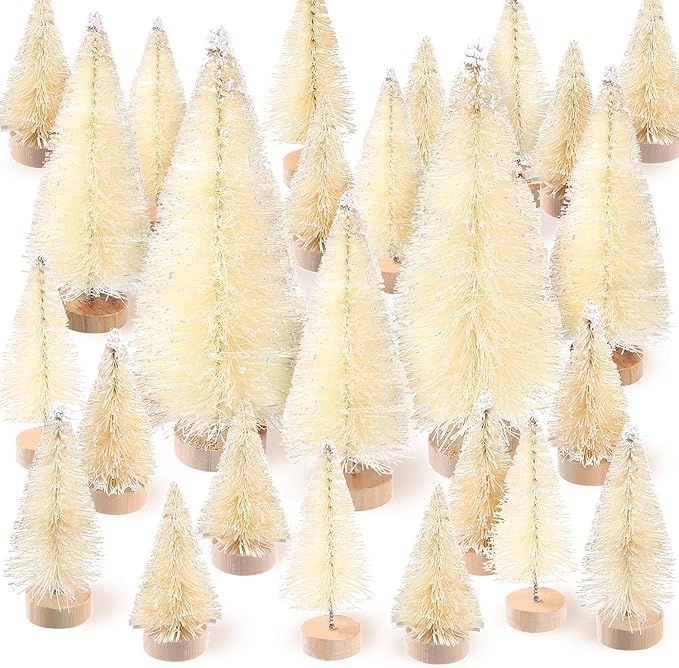 SATINIOR 60 Pieces Artificial Mini Christmas Tree Sisal Snow Trees Bottle Brush Christmas Trees Pine Trees Ornaments with Wooden Base for Christmas Party Home Decoration (4 Sizes, White)