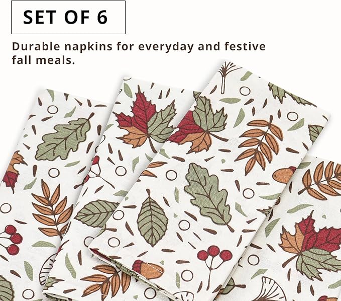 PurpleEssences Fall Harvest Thanksgiving Napkins 18x18 Inch, Set of 6-100% Cotton Autumn Leaves Print - Reusable, Washable Dinner Napkins for Home, Kitchen & Parties - Sienna Sage