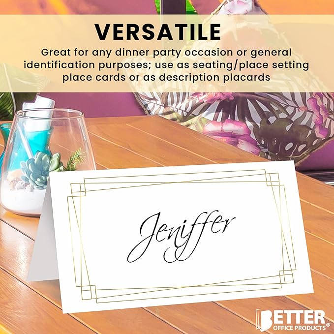 Better Office Products 100 Pack Place Cards, 2 x 3.5 in, White with Modern Metallic Gold Geometric Border, Folded Table Tent Cards for Weddings, Dinner Parties, Buffet Banquets,(100 Count)