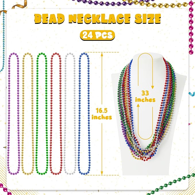 24 PCS Mardi Gras Beads, 33" Assorted Colors Carnival Beaded Necklaces, 6 Colors Bead Necklace Party Supplies, Round Beaded Costume Necklaces for Festive Event Accessories Parade Throws Favors