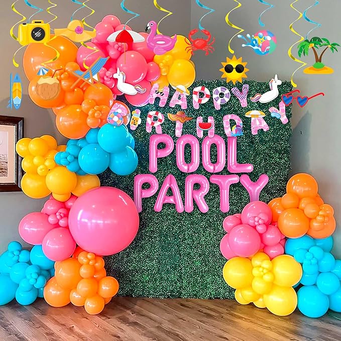 Summer Pool Beach Party Decoration, Pink Pool Party Balloon, Summer Birthday Bash Party Decorations Tropical Balloons Banner for girls Swimming Water Luau Tropical Hawaii Party Decoration Supplies