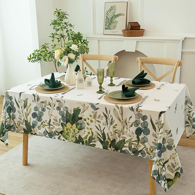 Summer Spring Tablecloth – Waterproof, Stain Resistant, Eucalyptus Floral Design for Dining, Kitchen, Outdoor, Picnic, Easy Clean, Vibrant and Durable Home Decor, W52 x L70