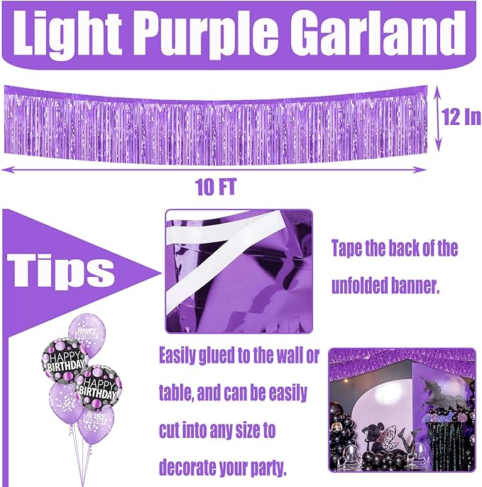 6 Pack 10 Feet Foil Fringe Garland Metallic Tinsel Streamers Banner Wall Hanging Curtain Backdrop for Parade Floats, Wedding, Disco, Birthday, Halloween, Christmas Party Decorations(Light Purple)