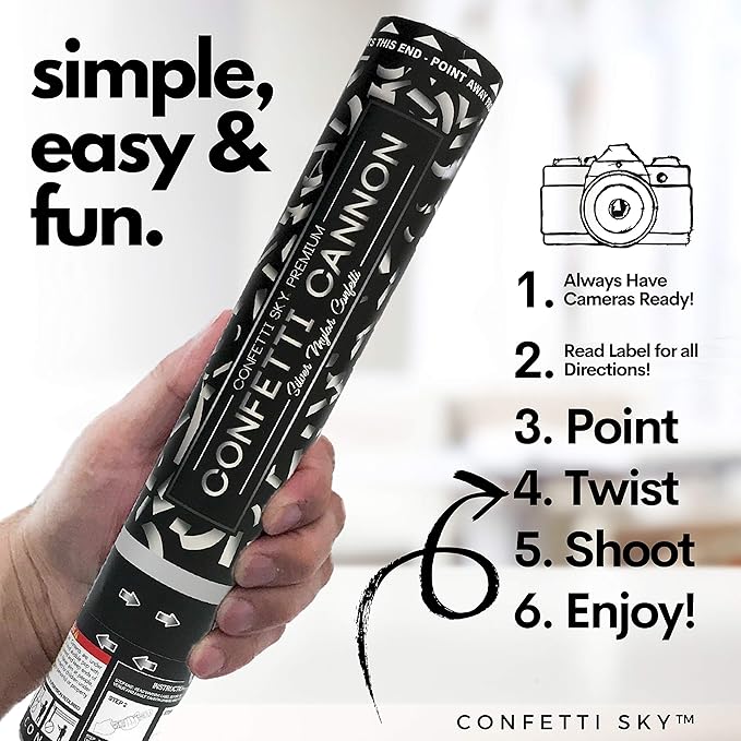 Confetti Sky [6 Pack] 12 Inch Confetti Cannons | Silver Confetti Poppers for Wedding Celebration, Birthday Party, Pranks, Graduation, Christmas Eve and New Year Celebration
