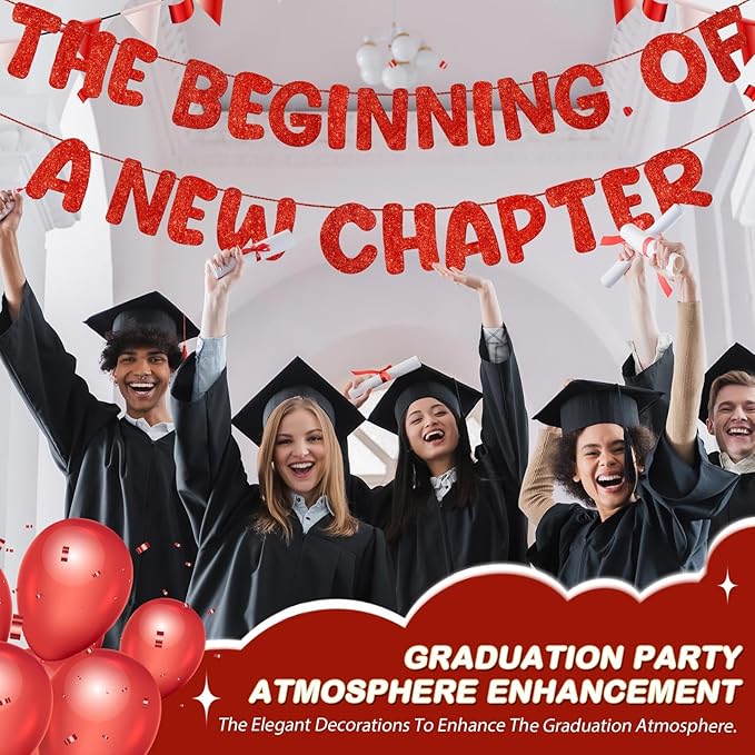 Fulmoon Pre Strung the Beginning of a New Chapter Banner, Glitter Graduation Party Decorations, Happy Retirement Supplies, Going Away Farewell New Home Job Change Party Sign Garland(Red)