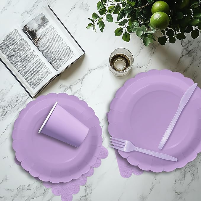 Purple Party Decorations Supplies Tableware, Light Purple Plates And Napkins, Tablecloth Printed Table Runner, Cutlery, for Birthday Baby Bridal Shower Wedding Anniversary, Serves 24