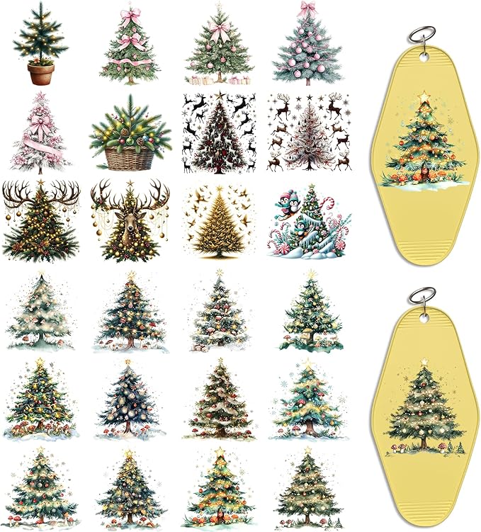 UV DTF Keychain Sticker,48 Sheets Star Christmas Tree Bright Holiday Scene Transfer Stickers Suitable for Hotel Keychains