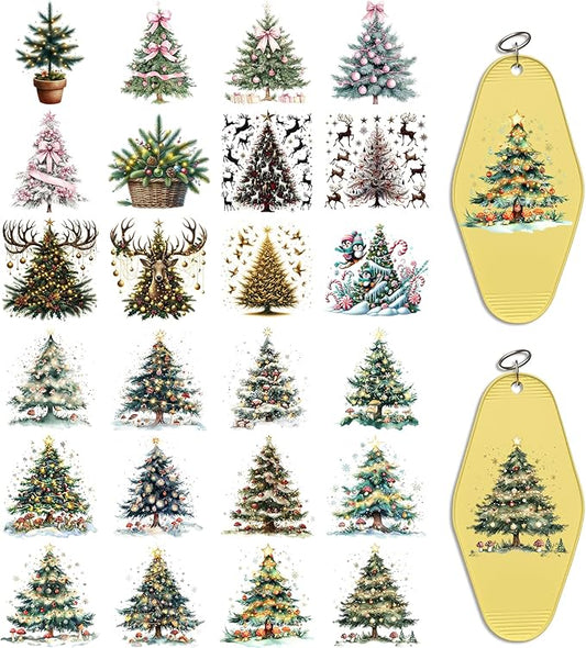 UV DTF Keychain Sticker,48 Sheets Star Christmas Tree Bright Holiday Scene Transfer Stickers Suitable for Hotel Keychains