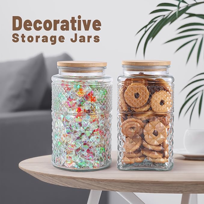 90 OZ Cookie Jars, 2600ml Glass Jars with Airtight Lids, Vintage Decorative Glass Storage Containers with Bamboo Lids for Coffee Candy Sugar, Candy Jar Coffee Canister 90oz.Square&Square