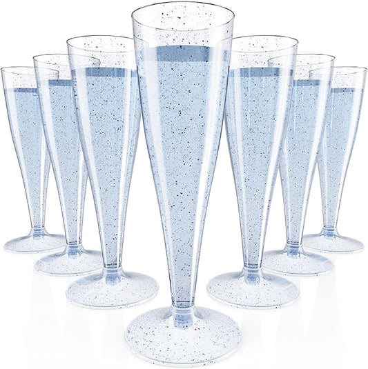 JOLLY CHEF 100 Pack Plastic Champagne Flutes Disposable 4.5 oz Blue Glitter Plastic Champagne Glasses Suitable for Wedding, Thanksgiving Day, Christmas
