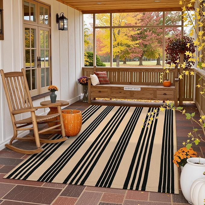 KIMODE Indoor Outdoor Rug 5'x7', Black and Khaki Striped Fall Outdoor Rug, Reversible Washable Large Patio Rugs, Cotton Hand Woven Farmhouse Indoor Area Rug Floor Carpet for Backyard Living Room