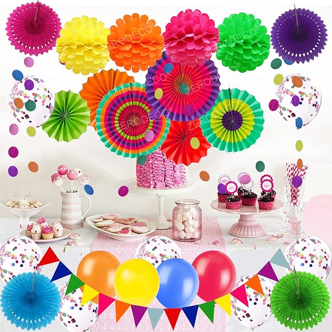 ZERODECO Party Decoration, Multi-colored Paper Fans Pom Poms Flowers Garlands Confetti Latex Balloons String Polka Dot Triangle Bunting Flags for Birthday Cinco De Mayo Fiesta Mexican Party