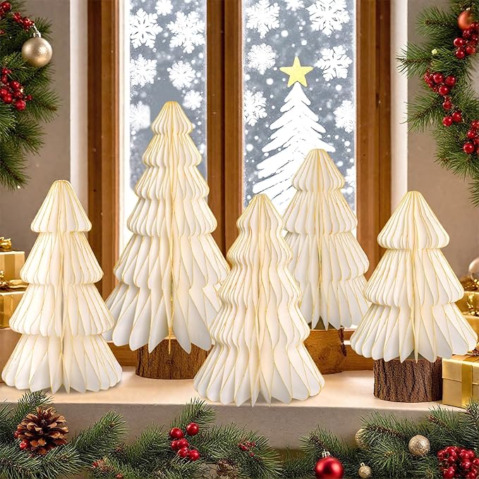 5 Pcs Christmas Table Decorations Indoor, 3D Honeycomb Paper Christmas Trees, Light Up Vintage Table Centerpieces for Christmas Winter Wonderland Holiday Party Weddings Home Decor, 8/10/12 Inch
