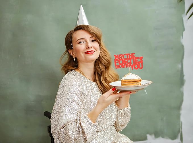 May The Forties Be With You Cake Topper - Glitter Red 40th Birthday Cake Decorations, 40th Wedding Anniversary Cake Pick (Red)