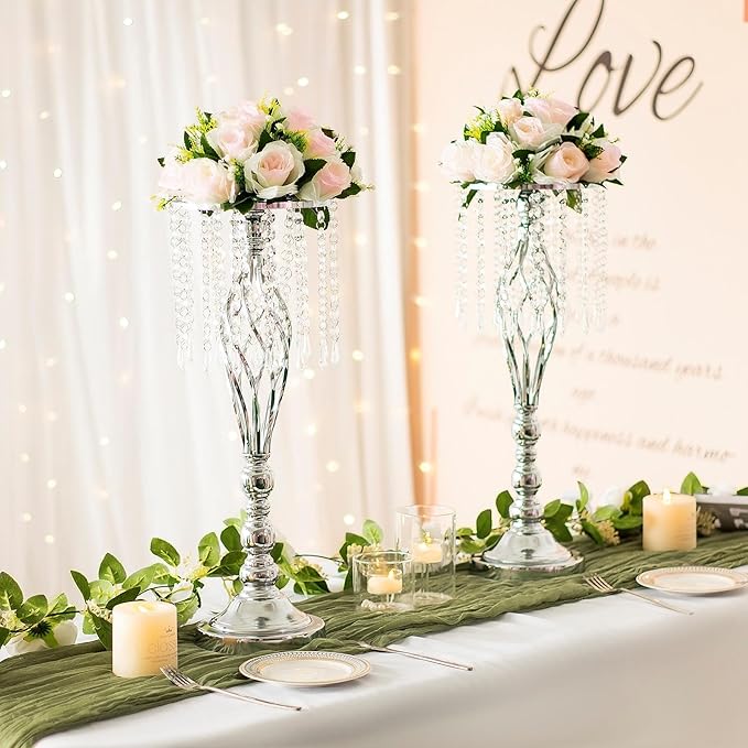 Metal Flower Stands with Crystal Beads, Wedding Centerpieces for Table Decorations, Elegant Metal Flower Arrangement Stands, Flower Vases for Wedding Party Celebration Home Decor (Silver-10pcs)