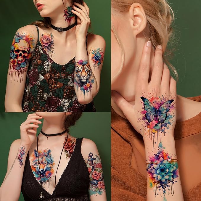 52 Realistic Temporary Tattoos for Women Adults - Long Lasting Waterproof Fake Flower Tattoo Stickers, 3D Roses Birds Wolf Floral Arm Neck Body Art for Gifts(Kids Safe)