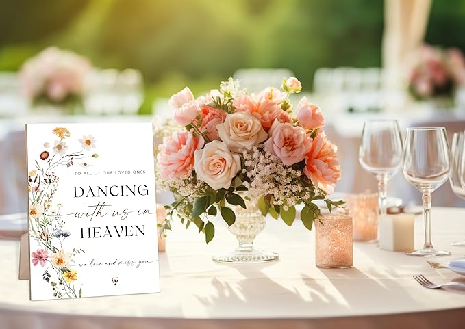 Dancing With Us In Heaven Sign, Flower Wedding Memorial Sign, Wedding Decorations for Reception, Bridal Shower Party Decor, Table Centerpieces for Party, 6X8 Inch Wooden Signs with Stand, 23