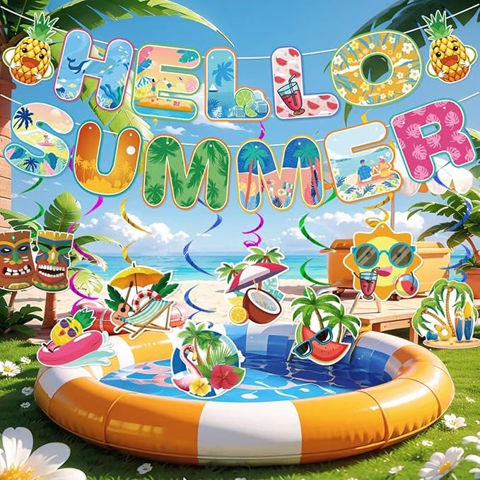Summer Party Decorations Hello Summer Banner Colorful Beach Pool Theme Banners Hanging Swirls Beach Party Decorations Garland for Holiday Happy Party Supplies