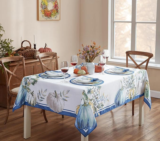 Home Bargains Plus Thanksgiving Contemporary Blue Pumpkin Tablecloth, 60 x 144 Inch Rectangle, Fall Harvest Easy Care Fabric Table Cover