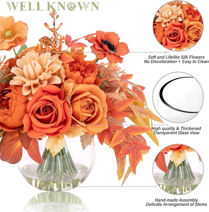 WELL KNOWN Artificial Flowers in Vase, Silk Rose Peony Flower Bouquet Table Centerpieces with Faux Water for Fall Home, Fake Flower & Maple Arrangement for Seasonal Party Decor (Burnt Orange & Earth)