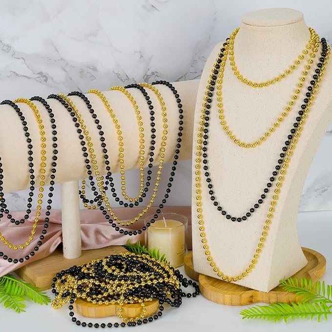 24 PCS Mardi Gras Beads Bulk, Black Gold Party Supplies, 33" New Year Eve Beaded Costume Necklaces for Festive Event Accessories, Beaded Parade Throw for Celebrations Party Favors Carnival