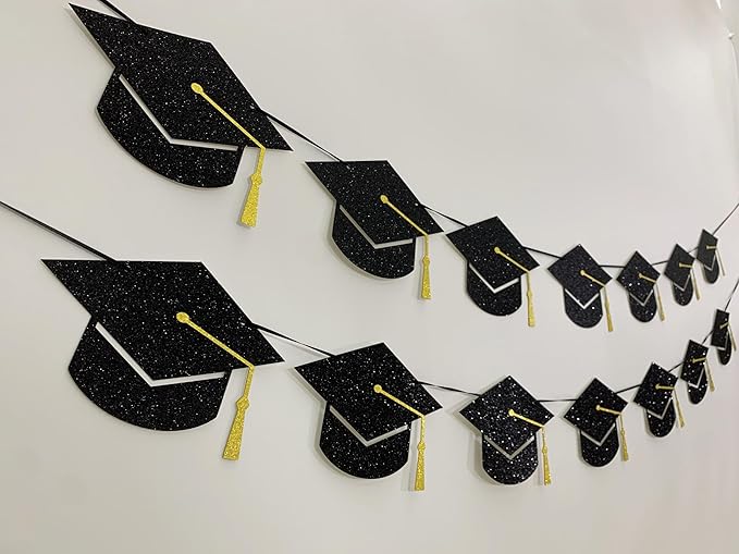 Graduation Decorations Class of 2025 Party Supplies - Graduation Grad Caps Banner (Pre-Strung)