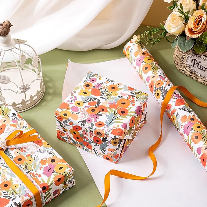 WRAPAHOLIC Kraft Floral Wrapping Paper Roll - Mini Roll - 17 Inch x 9.8 Feet - Bright Summer Flower Wrapping Paper, Perfect for Wedding, Birthday, Bridal Shower, Tea Party